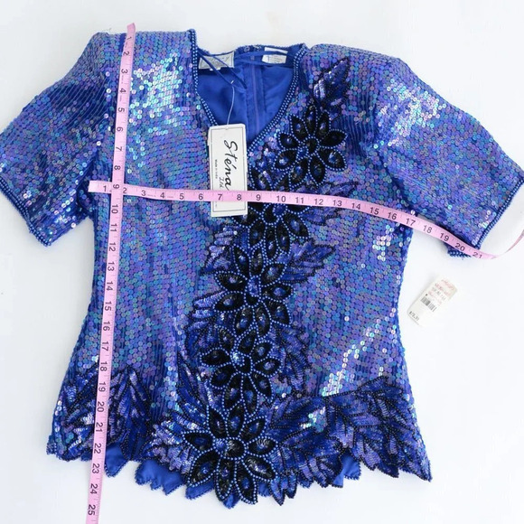 Vintage Lord & Taylor Purple 100% Silk Deadstock Sequins Short Sleeve Blouse M - Picture 5 of 15
